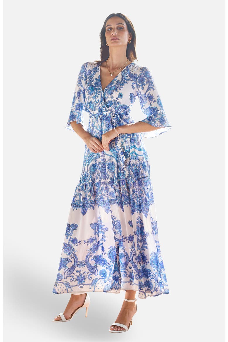 3/4 Sleeves Paisley Wrap Midi Dress, Alternate, color, Blue