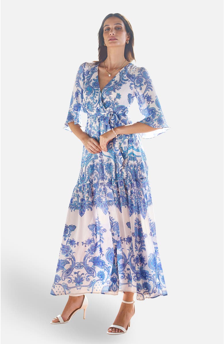 Yumi 3/4 Sleeves Paisley Wrap Midi Dress, Alternate, color, Blue
