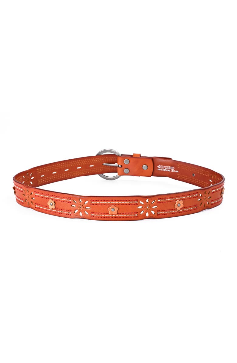 OLD TREND Blossom Genuine Leather Stitched Perforated Detail Belt, Alternate, color, Camel