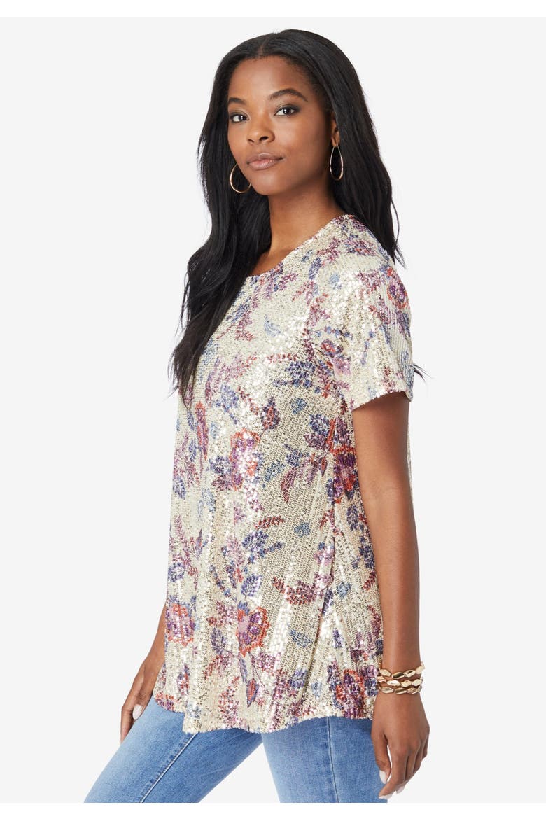 Plus Size Sequin Swing Tee, Alternate, color, OATMEAL FLORAL