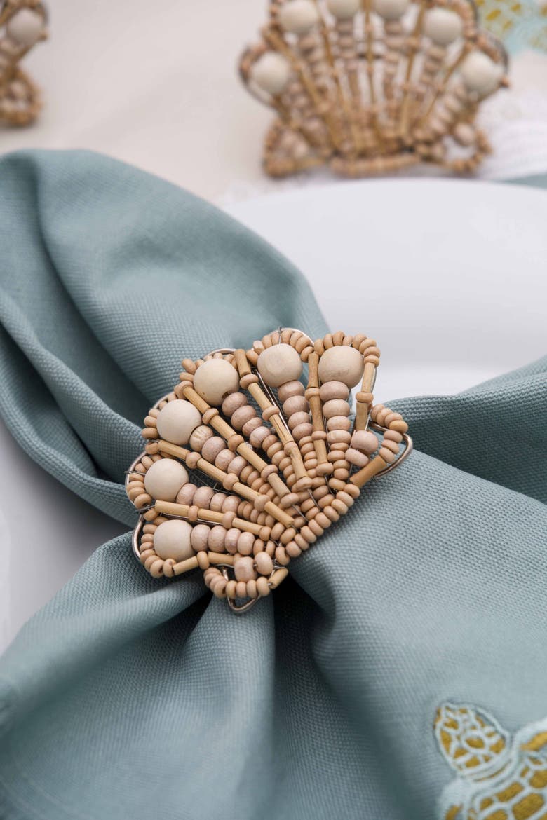 Shell Napkin Ring Set of 4 - Wood and Metal, Alternate, color, Beige