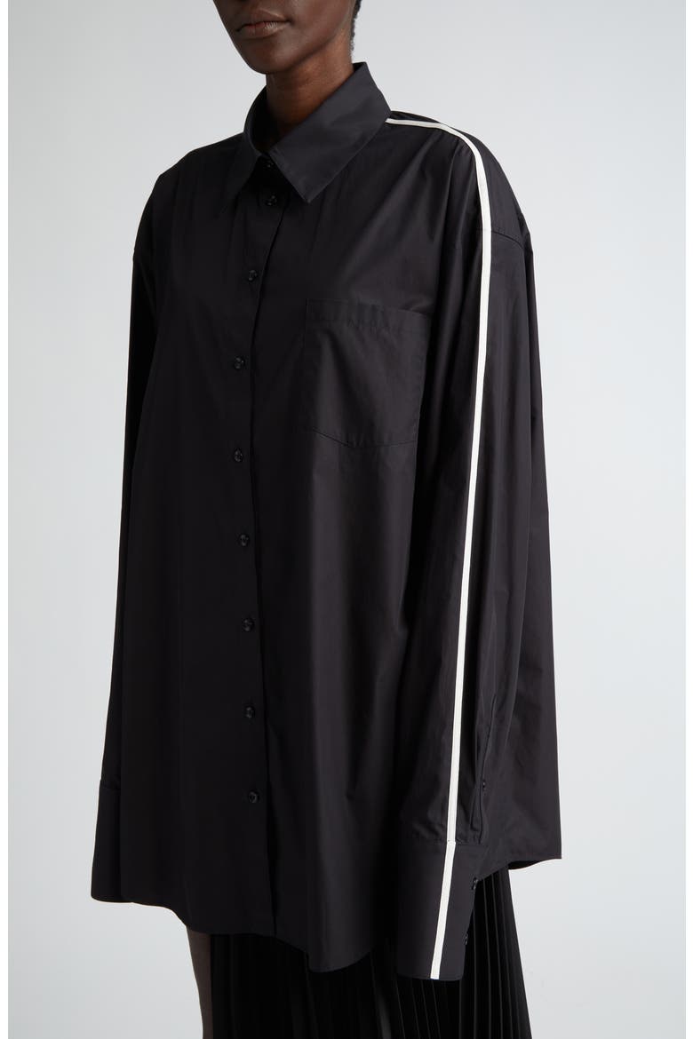 Contrast Stripe Cotton Button-Up Shirt, Alternate, color, BLACK