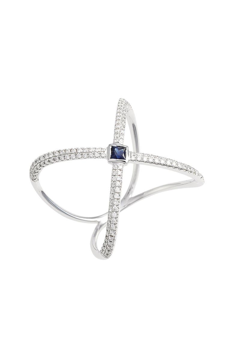 Bony Levy Diamond & Gem Crossover Ring, Main, color, White Gold/ Blue Sapphire