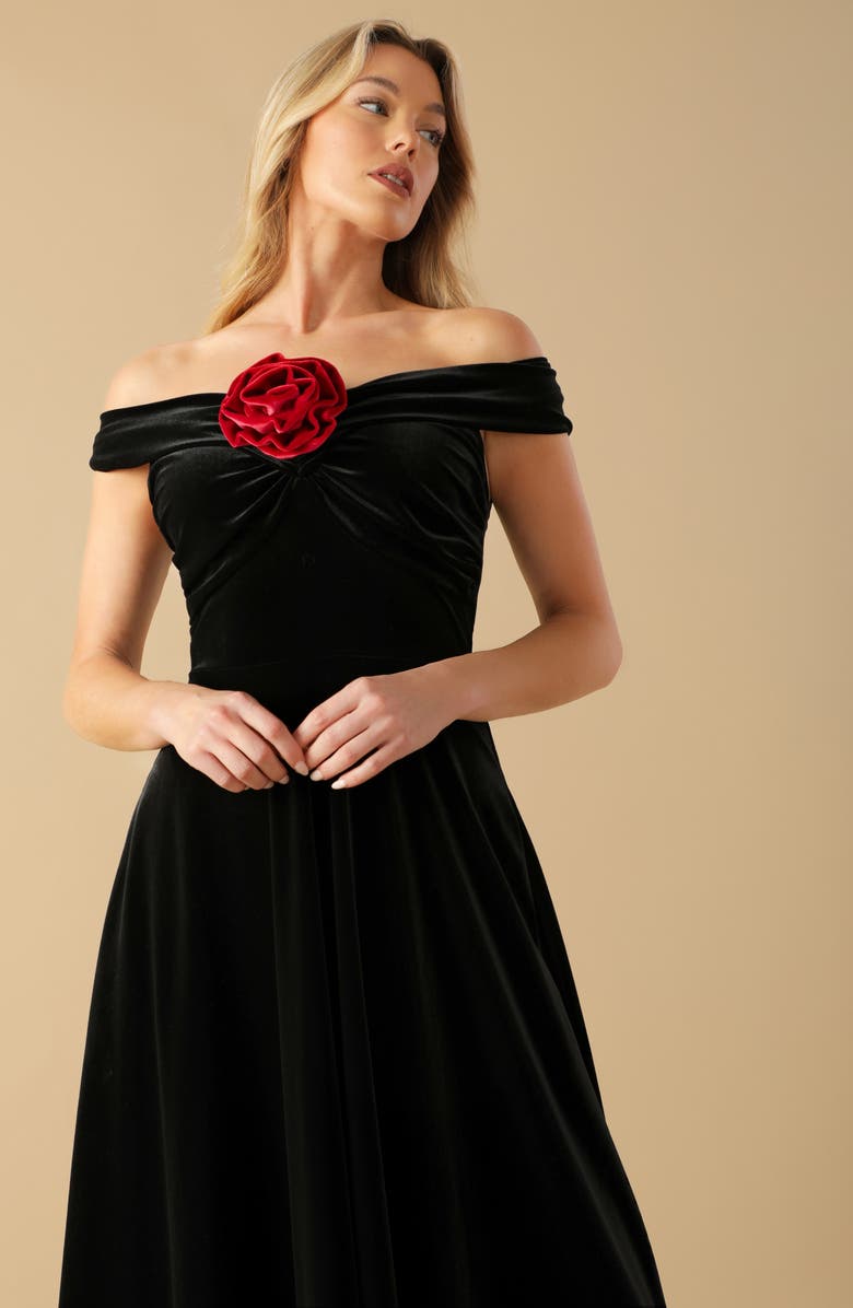 FLYING TOMATO Off the Shoulder Velvet Midi Dress, Alternate, color, Black/Red