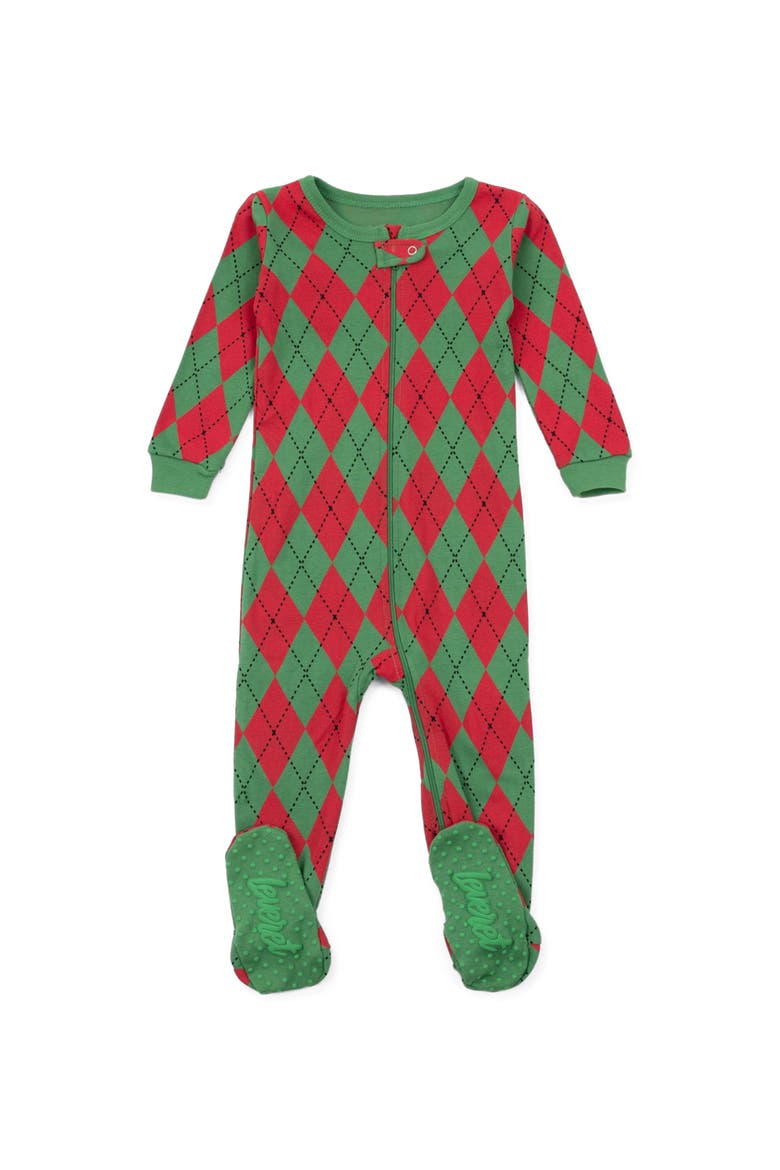 Kids Footed Printed Cotton Matching Family Holiday Pajamas, Argyles & Holiday Prints, Main, color, Argyle Red & Green