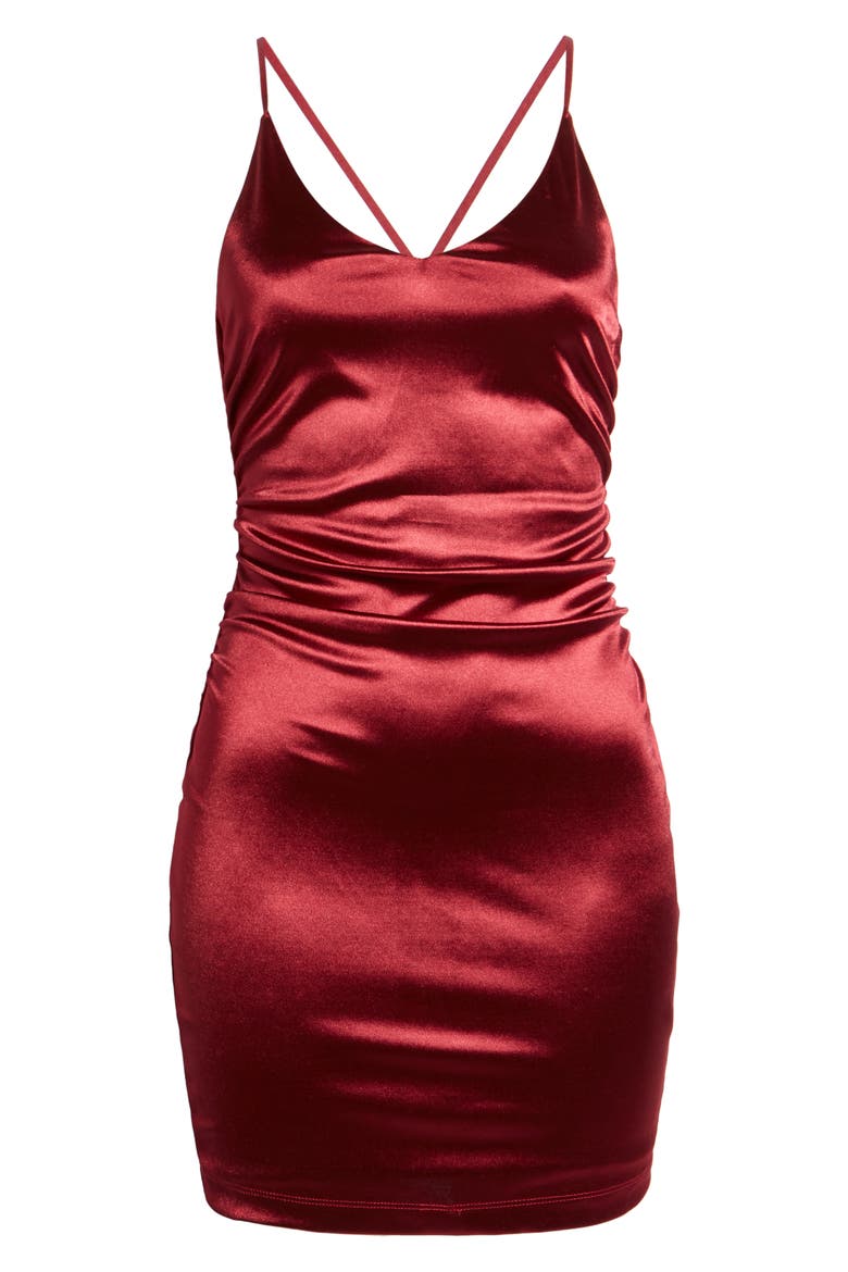 Crossback Satin Body-Con Minidress, Alternate, color, WINE