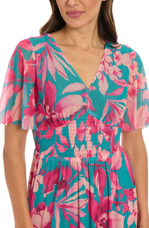 London Times Floral Smocked Flutter Sleeve Mesh Maxi Dress In Blue/pink