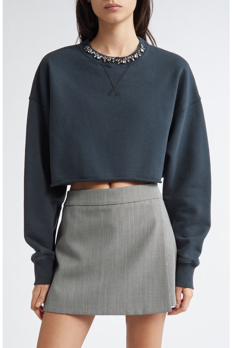 Crystal Embellished Cotton Crop Sweatshirt, Main, color, WASHED BLACK