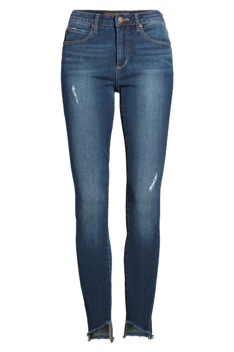 Diagonal Ripped Step Skinny Jeans, Alternate, color, DARK WASH