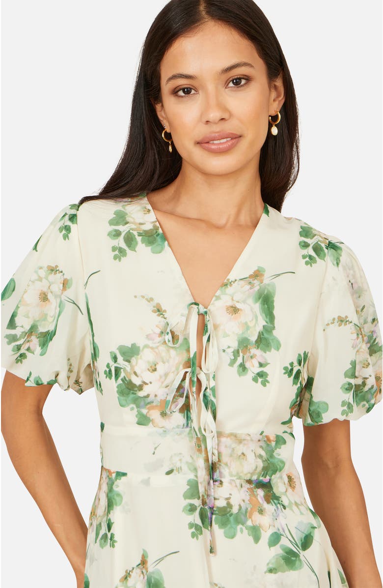 Yumi Floral Front Tie Detail Tea Dress, Alternate, color, Ivory