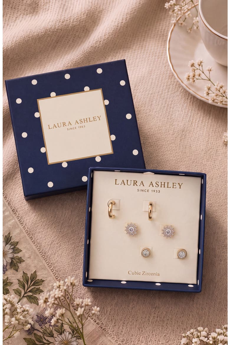 Set of 3 Cubic Zirconia Flower Stud & Huggie Hoop Earrings, Alternate, color, CLEAR/ GOLD