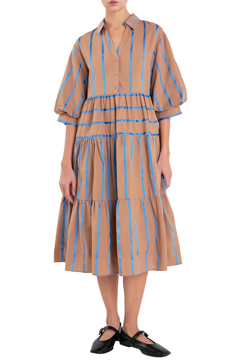 English Factory Loose Fit Stripe Tiered Midi Dress, Main, color, 