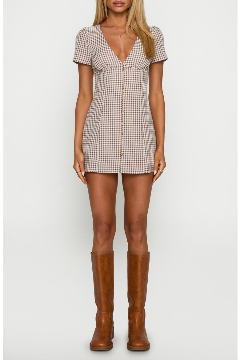 Loveliness Check Skirted Romper, Main, color, BROWN CHECK