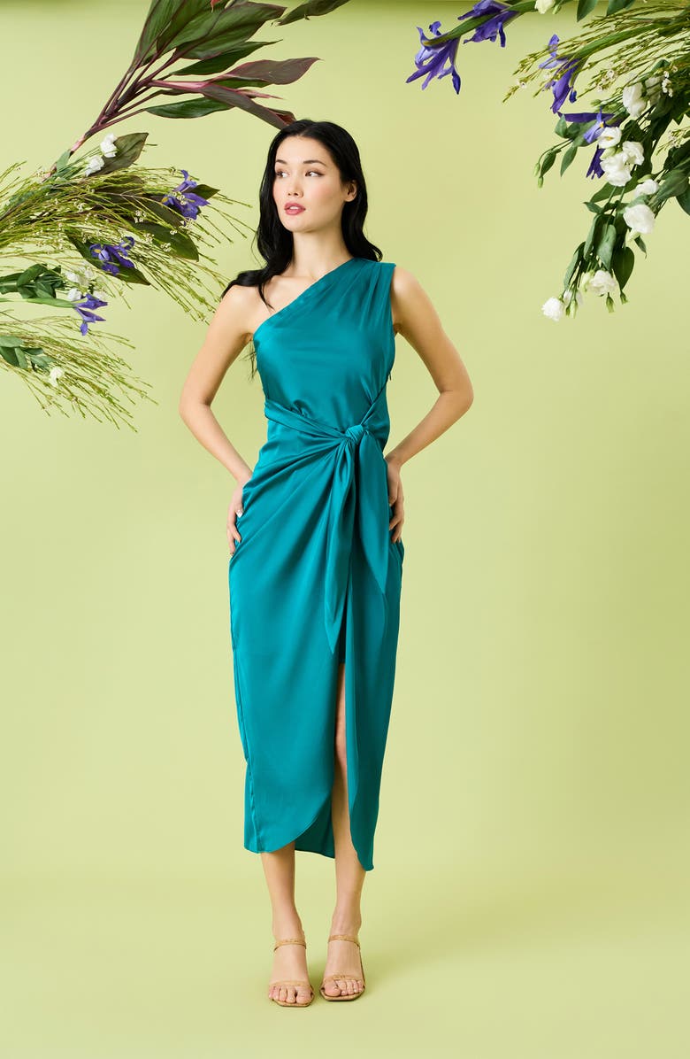 Donna Morgan Draped Skirt One-Shoulder Dress, Alternate, color, Blue Grass