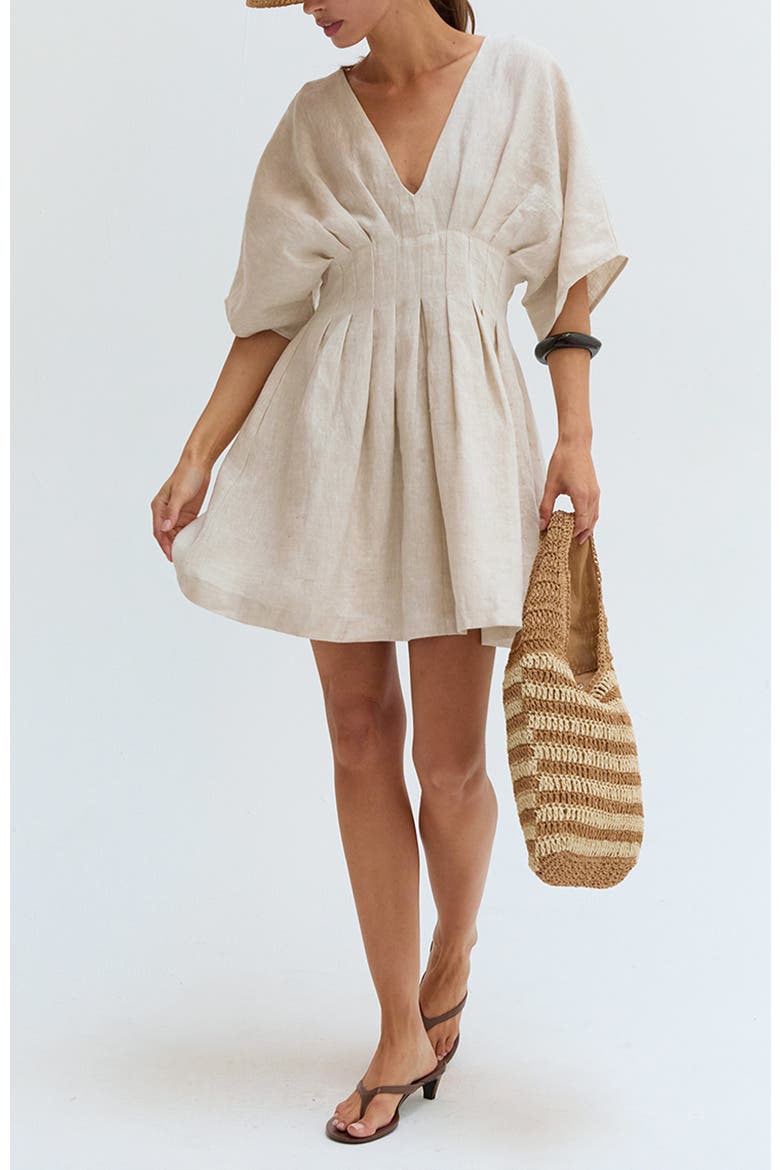 Pleated Linen Mini Dress, Alternate, color, Oatmeal