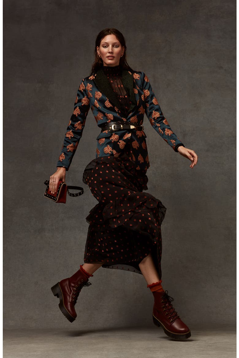 Jacquard Leopard Long Blazer, Alternate, color, NAVY W/ SNOW LEOPARD PRINT