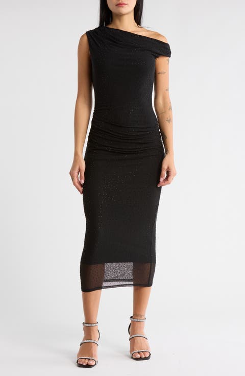 Aurelie Draped One-Shoulder Embellished Mesh Midi Dress