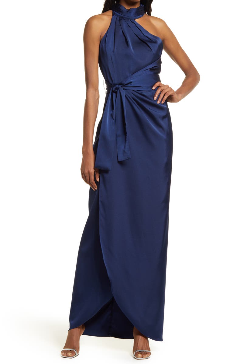 elle zeitoune Grace Halter Neck Satin Wrap Dress, Main, color, 