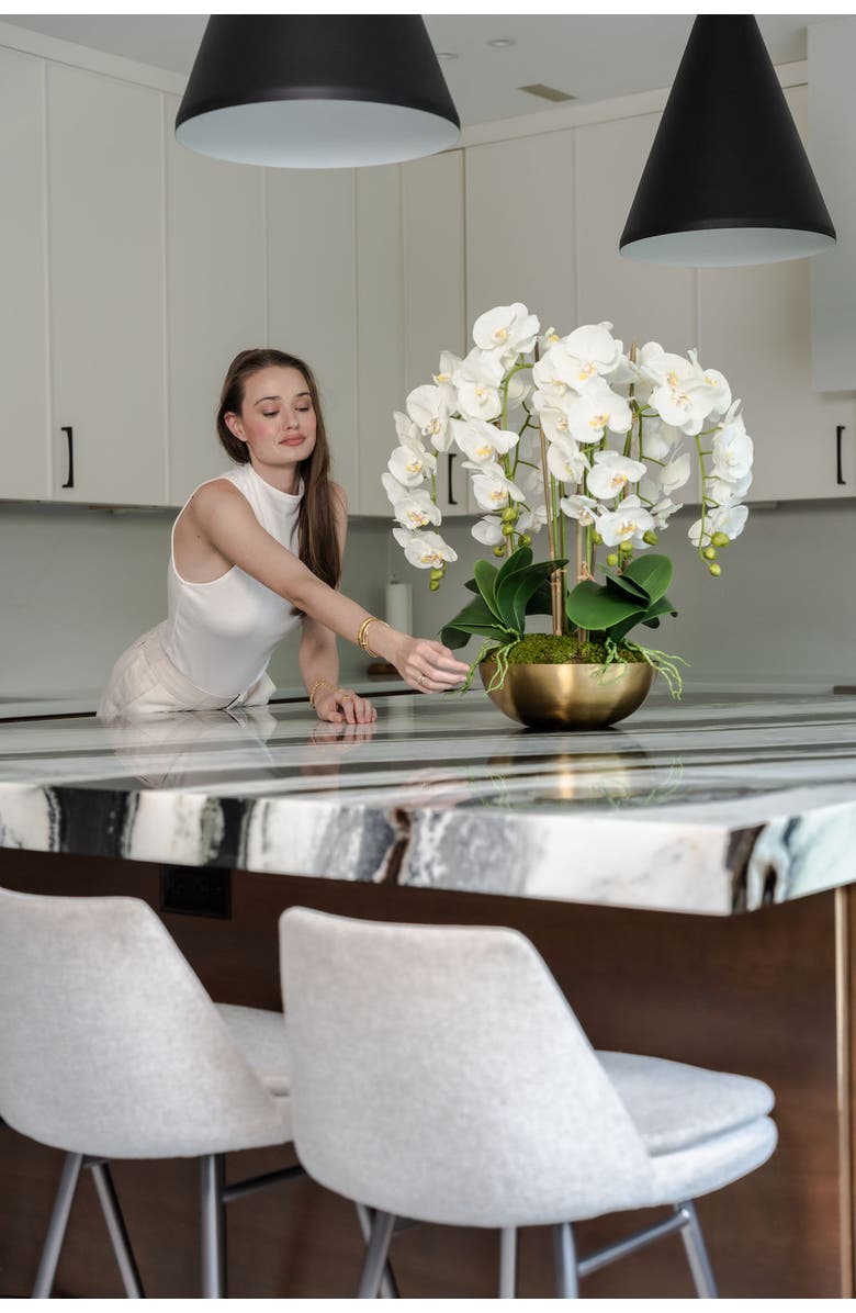 CocoBella Abigail RealTouch White Orchid in Gold Bowl, Alternate, color, Gold, White, Green