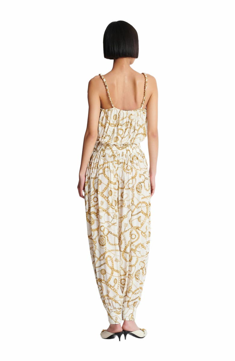 Balmain Flowing Printed Jumpsuit With Balmain Chains Pattern, Alternate, color, Gold