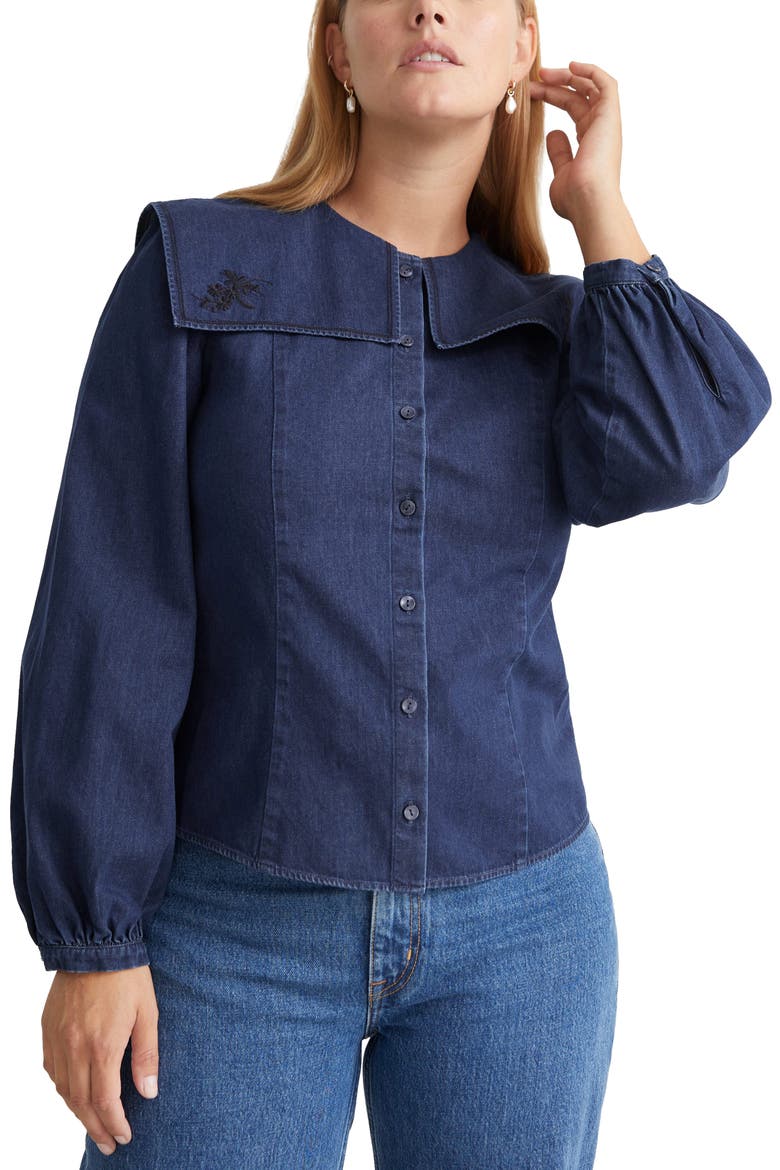 Embroidered Collar Denim Blouse, Main, color, BLUE