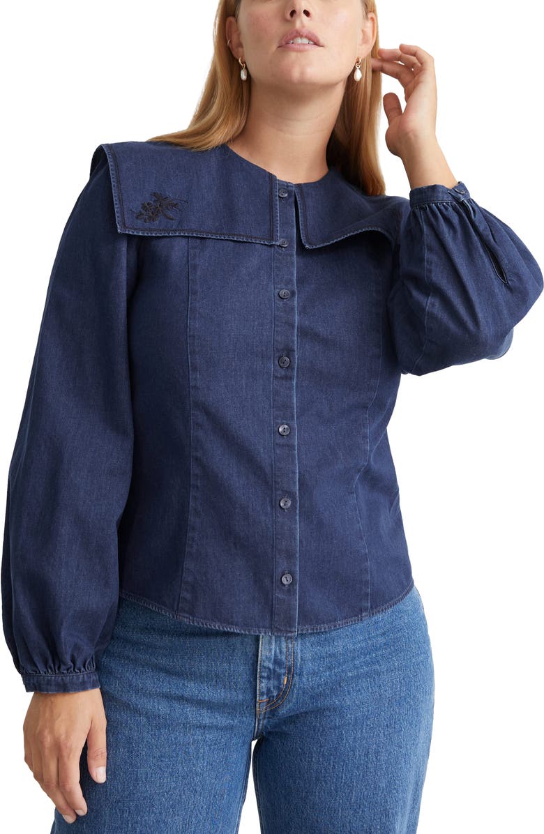 & Other Stories Embroidered Collar Denim Blouse, Main, color,