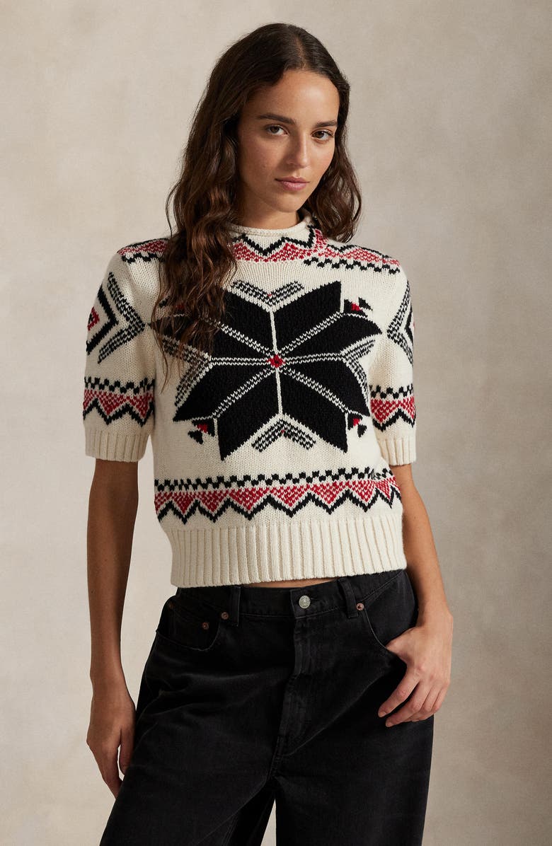 Polo Ralph Lauren Snowflake Mock Neck Short Sleeve Wool, Cotton & Alpaca Sweater, Alternate, color, Authentic Cream Multi