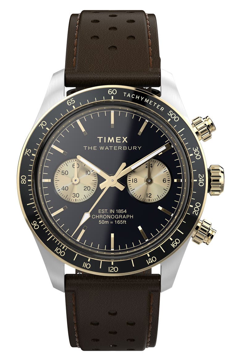 Waterbury Heritage Chronograph Leather Strap Watch, 39mm, Main, color, STAINLESS STEEL