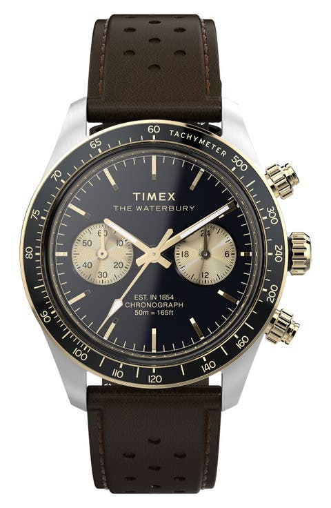 Waterbury Heritage Chronograph Leather Strap Watch, 39mm