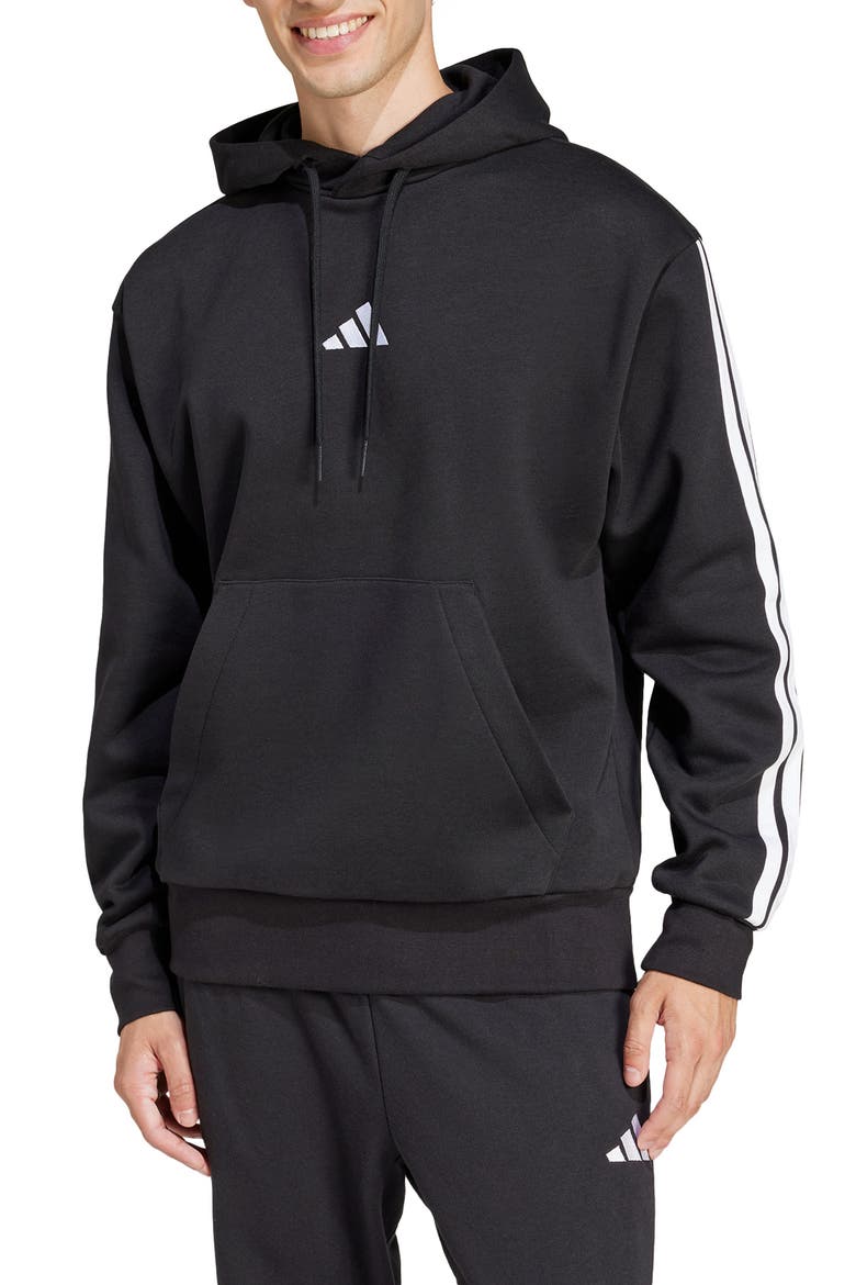 Essential 3-Stripes Fleece Hoodie, Main, color, BLACK/WHIT