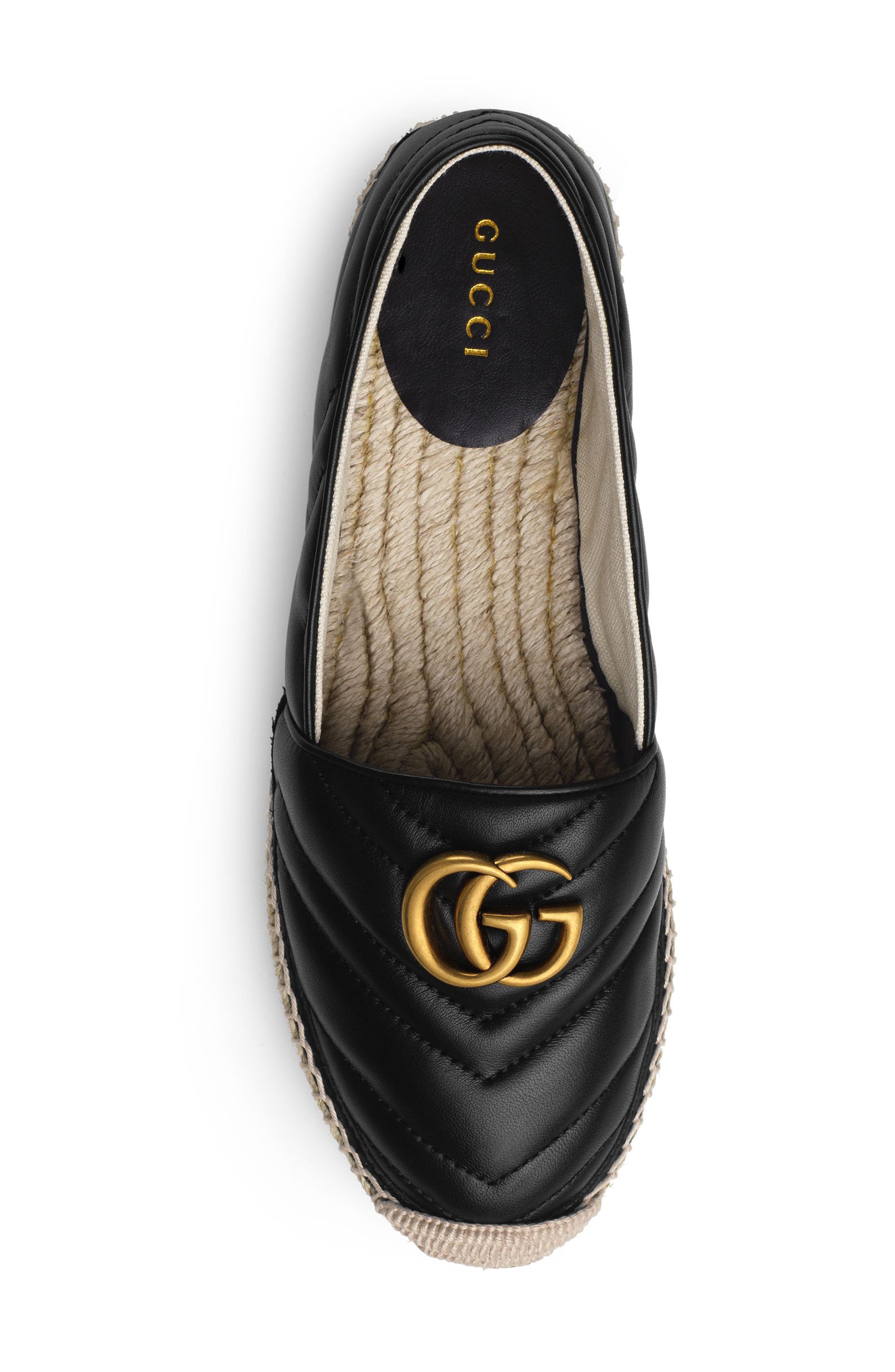 Gucci Pilar GG Matelassé Chevron Flat Espadrille, Alternate, color, Black Leather