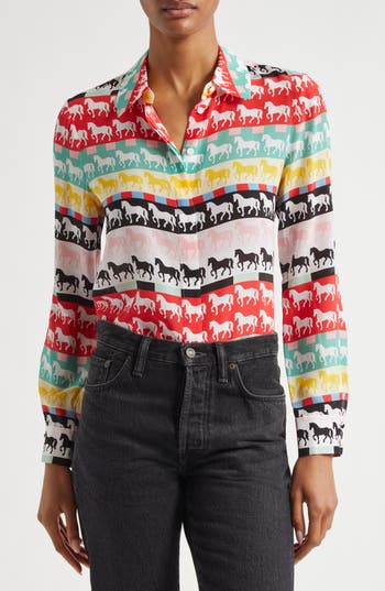ALICE AND OLIVIA ALICE + OLIVIA WILLA HORSE PRINT LONG SLEEVE SILK BUTTON-UP SHIRT
