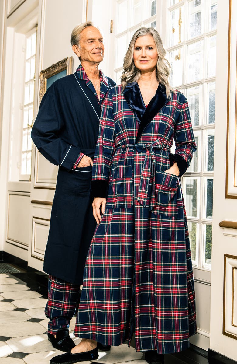 Petite Plume Navy Flannel Robe, Alternate, color, Navy
