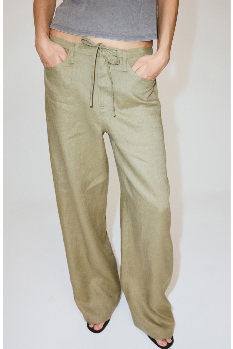 Bow Linen Pants, Main, color, KHAKI GREEN