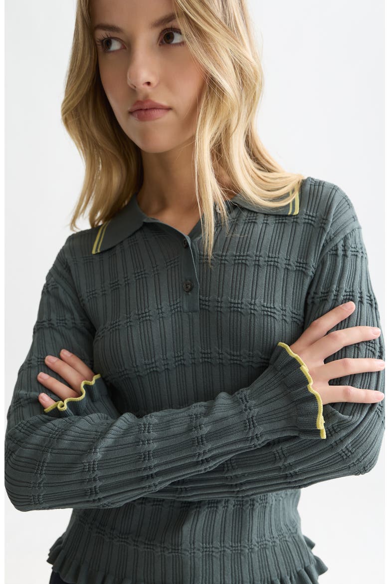 Ripple Stitch Polo Sweater, Alternate, color, BALSAM GREEN