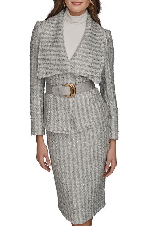 Wide Lapel Sequin Tweed Jacket