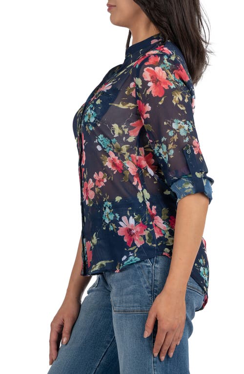 Kut From The Kloth Jasmine Chiffon Button-up Shirt In Potenza Navy Aqua