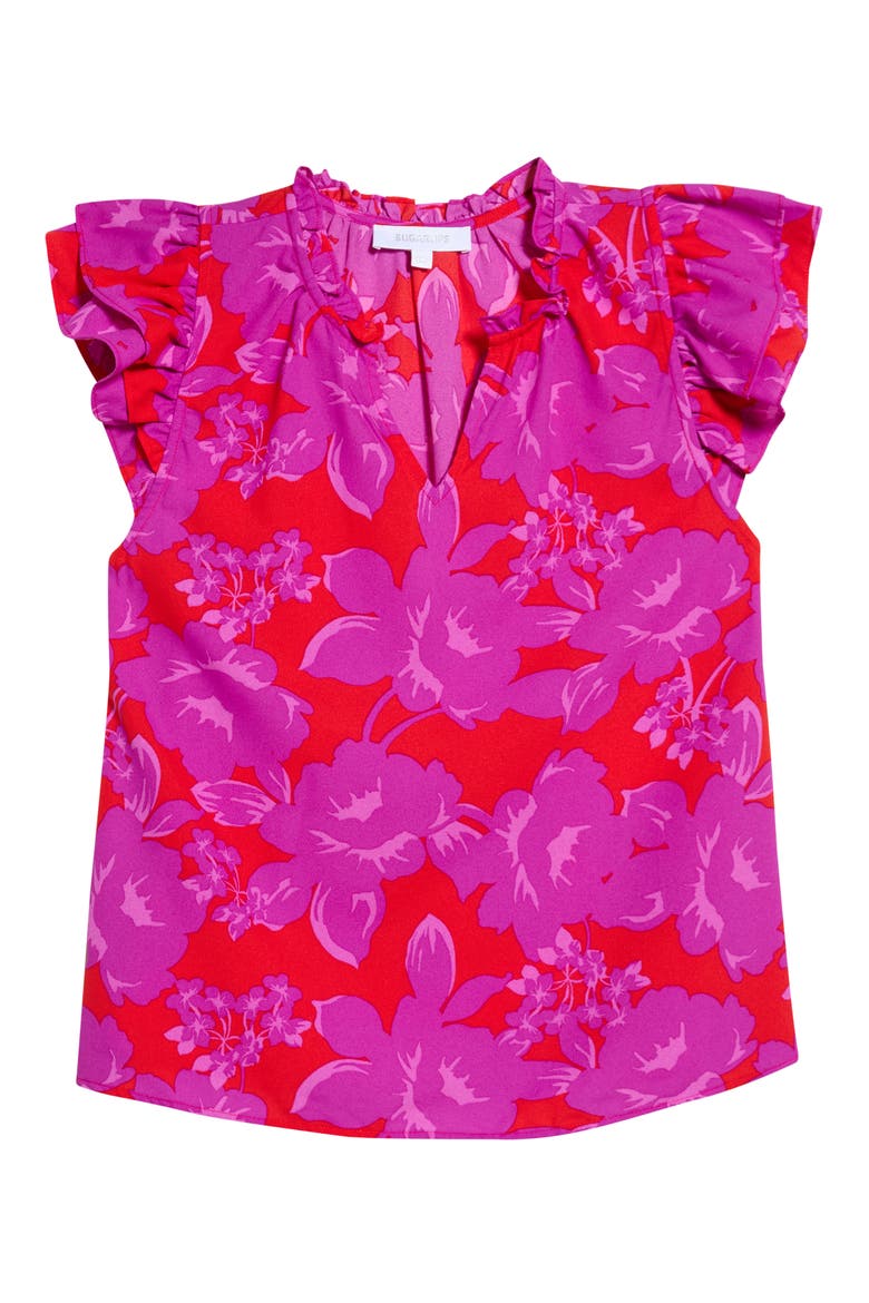 Bellissima Floral Print Ruffle Sleeve Top, Alternate, color, RED-MAGENTA
