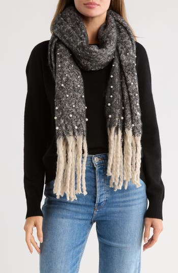 Nanette Lepore Faux Pearl Fringe Scarf In Gray