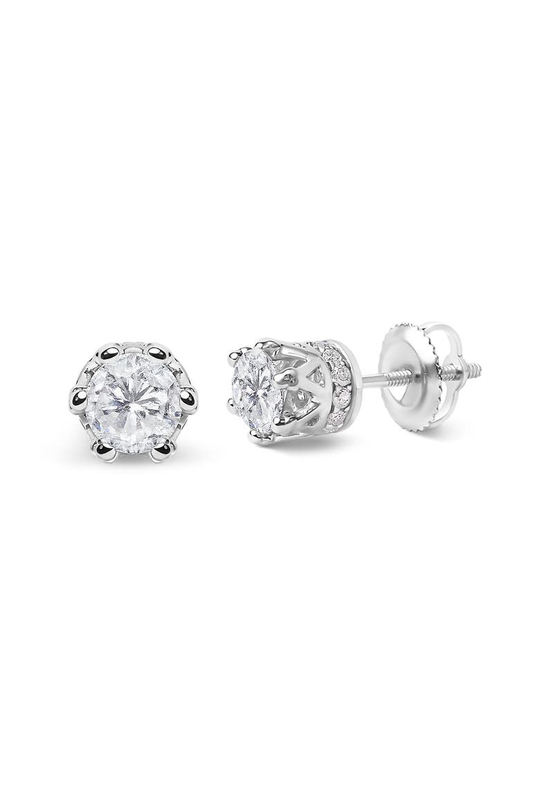 14K White Gold 2.0 Cttw Round Cut Prong-Set Diamond Crown Stud Earring, Alternate, color, White