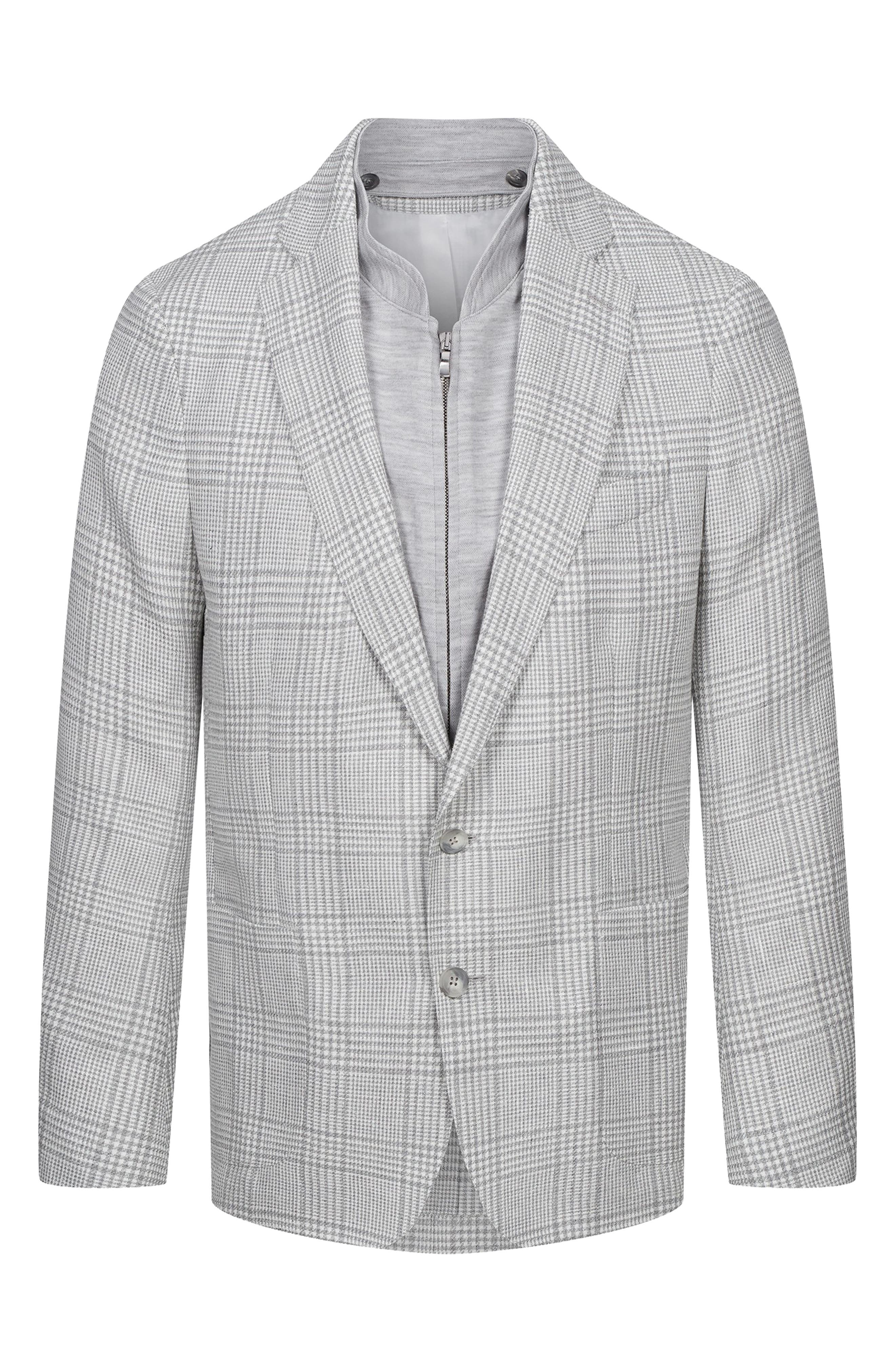 Grey Glen Check Knit Linen & Cotton Blend Sport Coat with Removable Zip Bib