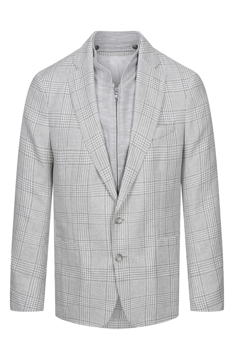 Emanuel Berg Grey Glen Check Knit Linen & Cotton Blend Sport Coat with Removable Zip Bib, Main, color, Medium Grey
