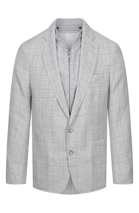 Grey Glen Check Knit Linen & Cotton Blend Sport Coat with Removable Zip Bib