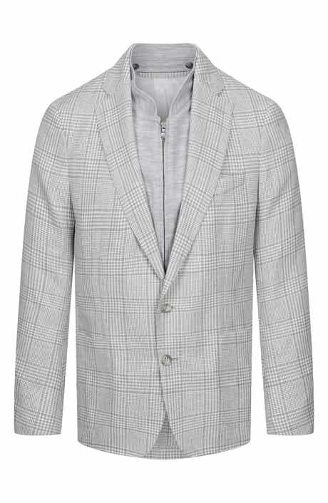 Grey Glen Check Knit Linen & Cotton Blend Sport Coat with Removable Zip Bib