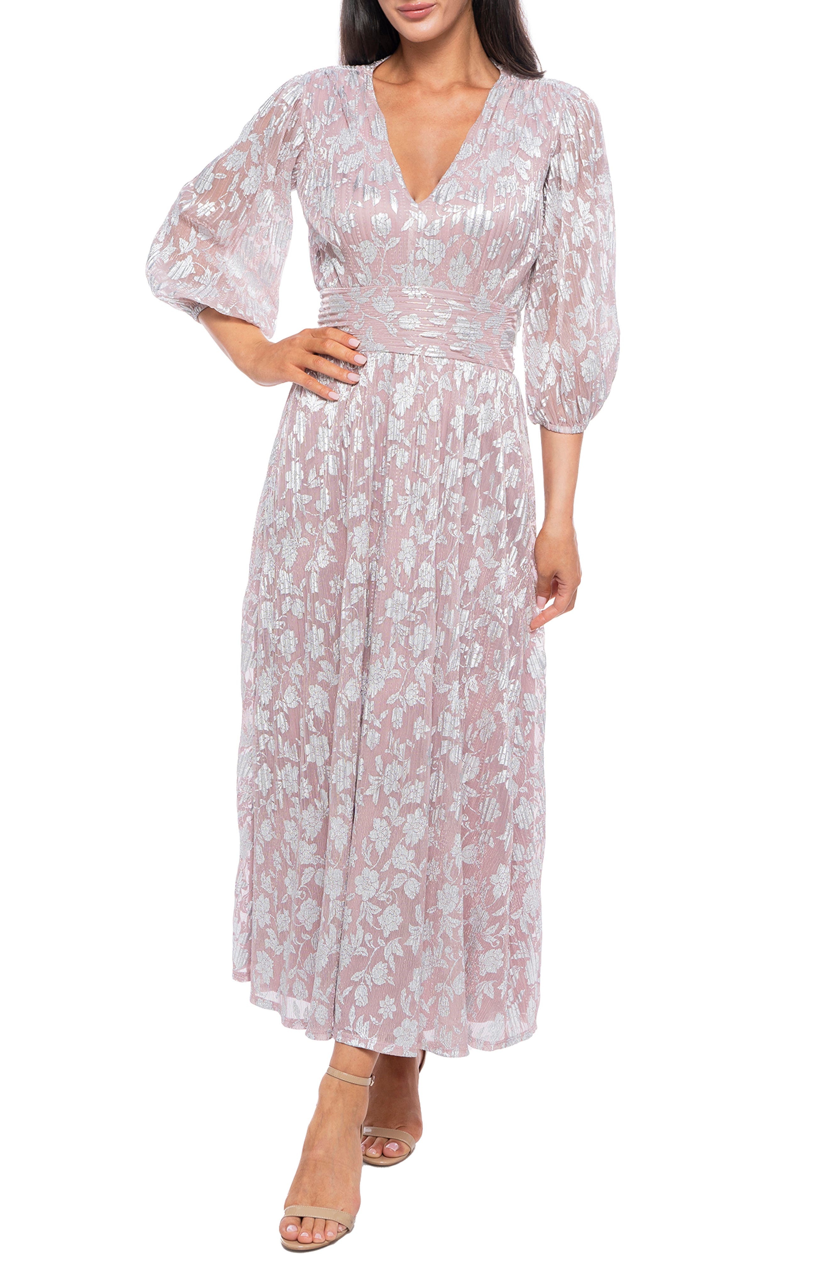 Marina Floral Balloon Sleeve Plissé Dress
