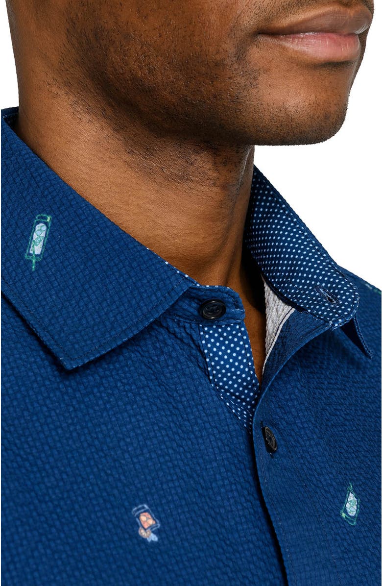 CONSTRUCT Slim Fit Tropical Drinks Woven Short Sleeve Seersucker, Alternate, color, Navy/Green