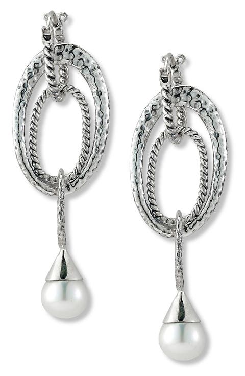 Sterling Silver Pearl Drop Oval Link Earrings
