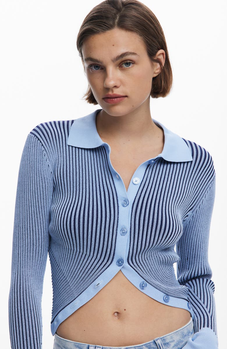 Desigual Stripe Collared Cutaway Cardigan, Alternate, color, Blue