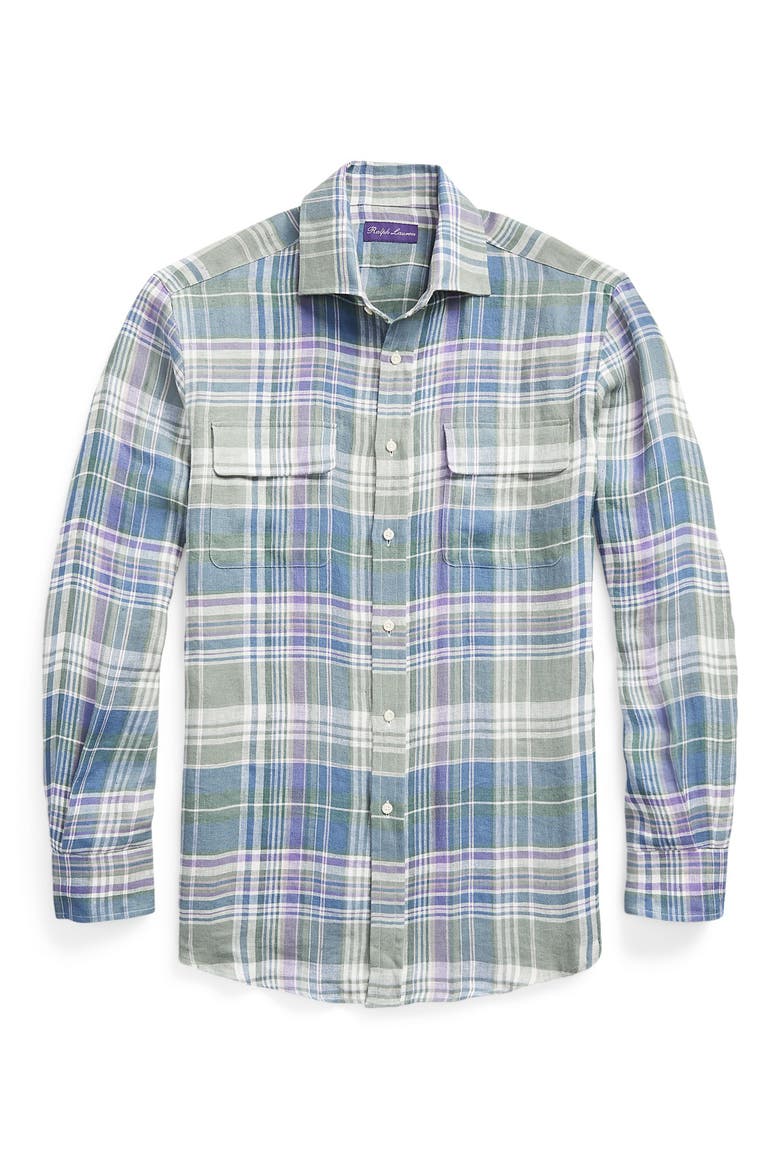 Plaid Linen Button-Up Shirt, Alternate, color, GREEN MULTICOLOR