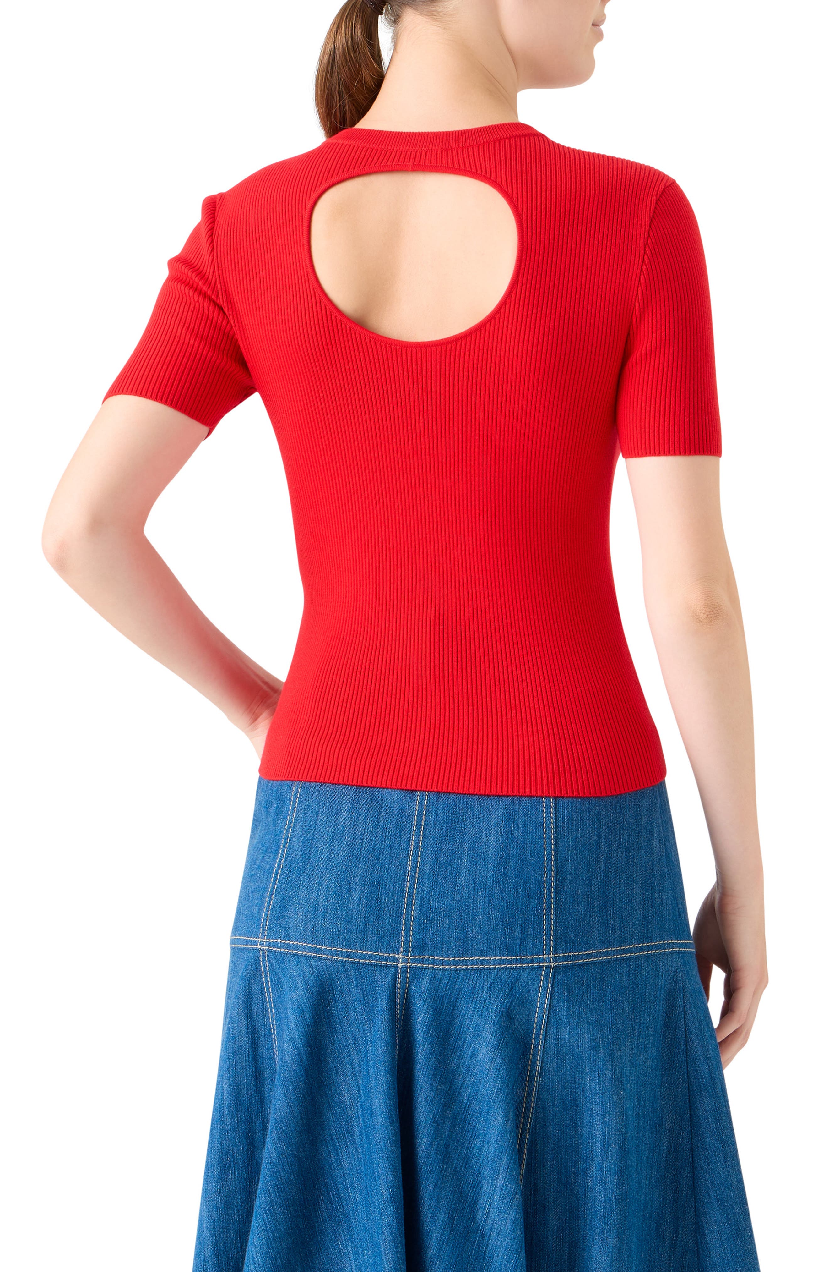 Back Cutout Short Sleeve Stretch Virgin Wool Rib Sweater - image 2